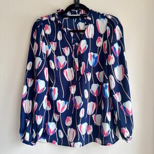 Talbots Tulips Ruffle Trim Popover Top Blue Button Front Long Sleeve Sz M